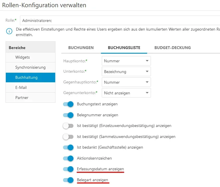 Screenshot Optigem neue Spalte: Buchungsliste